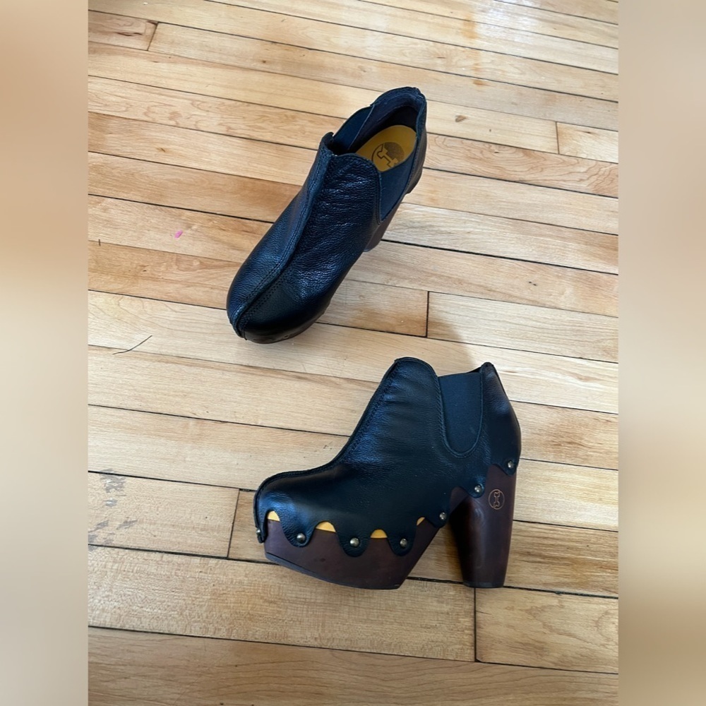 Flogg‎ leather wooden bottoms heeded studded booties